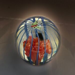 Handcrafted Art Glass Paperweight with Orange Flower and Butterfly‎ Design 3x3"